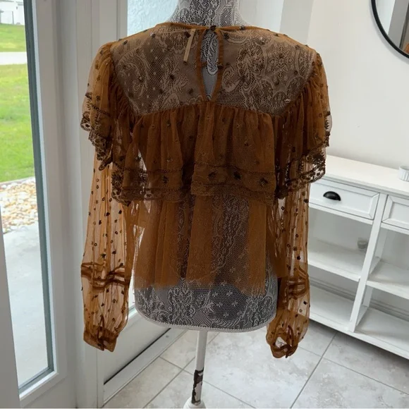 Free People Sheer Mustard Ruffle Blouse - Picture 2 of 9